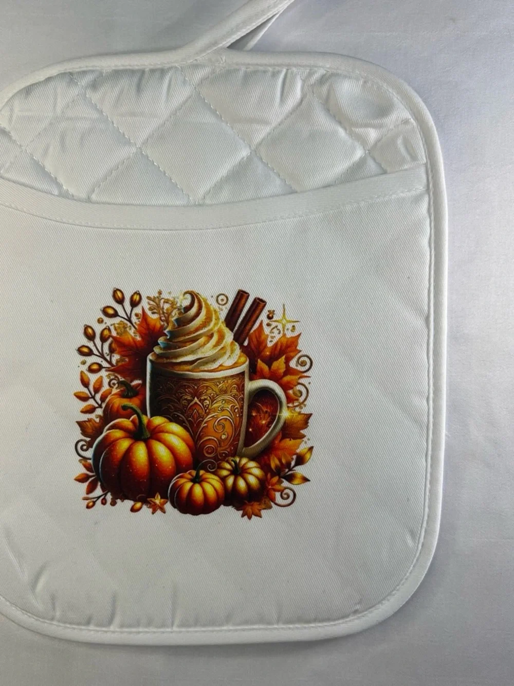 White Pumpkin Spice Mug Pot Holder with Fall Design